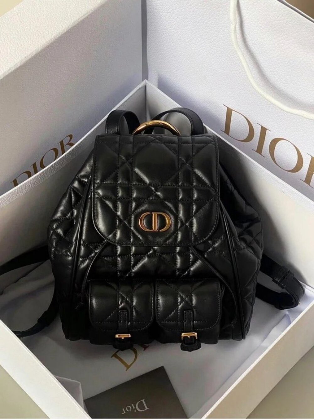 🔥💯Dior Black Quilted Leather Backpack with Gold Hardware